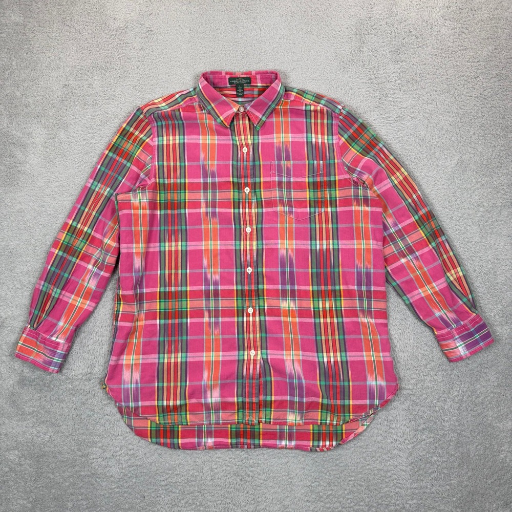 Lauren Jeans Co Ralph Lauren Pink Plaid Ikat Button Down Shirt Womens L Cotton